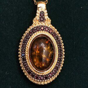 Oval Amber & .43CTW Round Vermelho Garnet (TM) 18K Gold Over Silver Pendant
